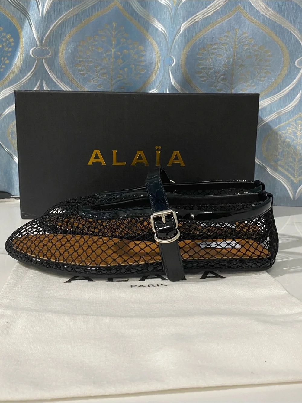 Alaia Black Mesh Mary Jane Flats with Patent Strap